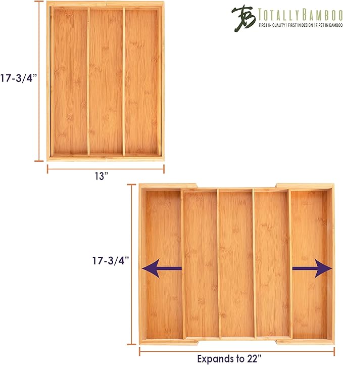 Totally Bamboo Expandable 5-Compartment Drawer Organizer, Expands from 13 to 22" Wide