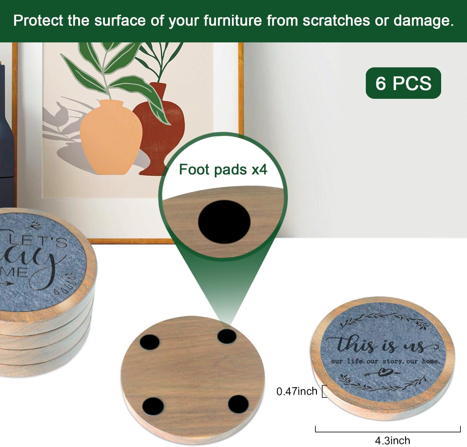 Wood Coasters for Drinks Housewarming Gifts for Home Decoration Coasters Sets of 6 4.3 Inch Gray