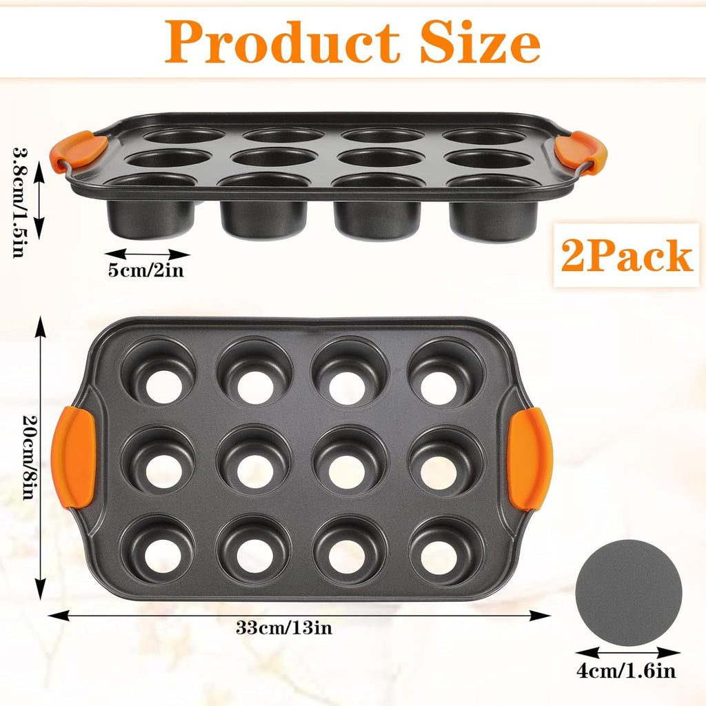 2Pack Mini Cheesecake Pans Removable Bottom Mini Cupcake Pans, 12 Cavity Minii Cheesecake Molds with Silicone Handle Nonslip Muffin Pan Baking Supplies