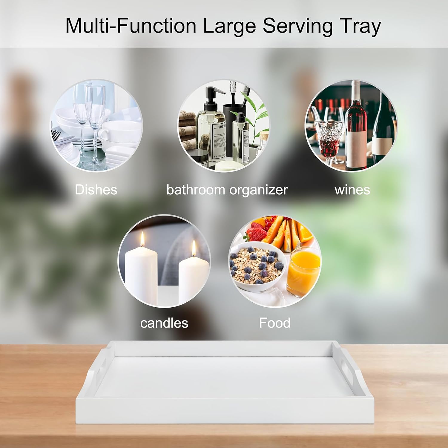 Bamboo Food Serving Tray with Handles, Breakfast Bed Tray for Tea,Snack,Dinner, Home Decorative Storage Food, Platter, Ottoman for Kitchen Counter, Bathroom, Restaurant (White)