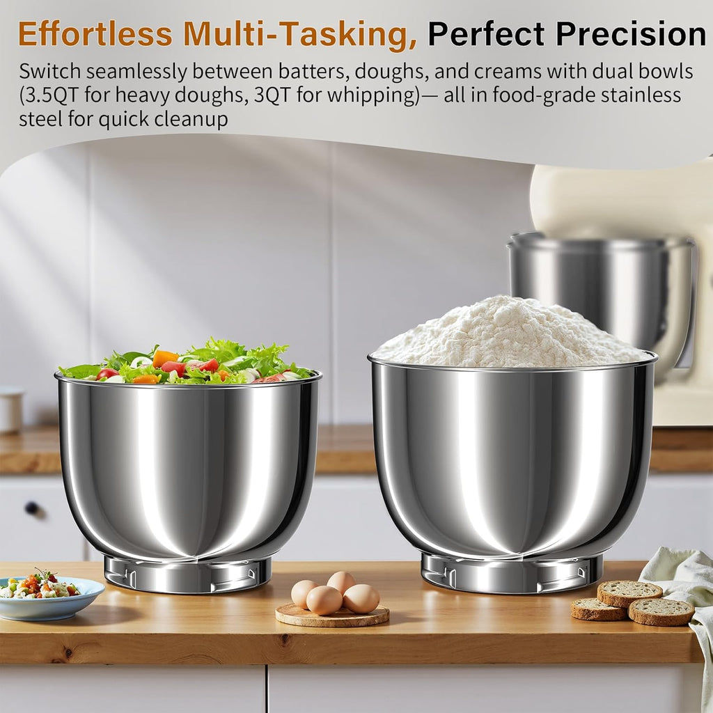 Stand Mixer with 3QT+3.5QT Dual Bowls, 10-Speed Electric 300W Food Mixer - Includes Egg Whisk, Dough Hook & Flat Beater for Home Baking & Daily Cooking (White)
