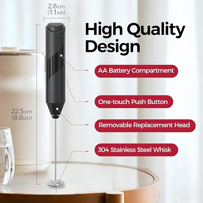 YARRAMATE Electric Milk Frother Wand, Fast Battery Operated Coffee Mixer, Handheld Drink Stirrer, Whisk Foam Maker for Lattes, Cappuccino, Matcha, Hot Chocolate (Black)