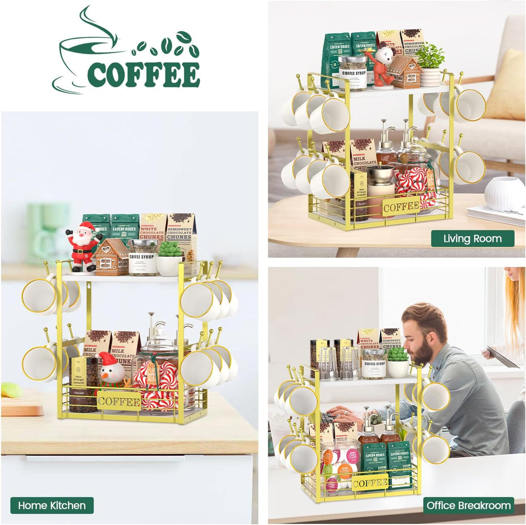 EsLuker.ly Coffee Bar Station Organizer Mug Cup Holder Stand for Countertop, Multi-Functional 2 Tier Mug Tree Rack for Kitchen, Storage Shelf with 12 Hooks, White-Gold
