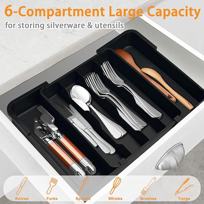 Homecor Silverware Organizer - Large Expandable Kitchen Drawer Organizer Utensil Holder, BPA Free Flatware and Cutlery Tray for Spoons Forks Knives, Plastic Kitchen Organizer and Storage