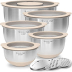 Mixing Bowles Set with Lids Set - Warp-Proof TPR-AS Lids, Stainless Steel Mixing Bowl with 3 Graters & Measuring Lines, Non-Slip Bowls for Baking, Prep, Airtight Food Storage (Khaki 5/3/2/1.5/0.63QT)