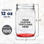 DISCOUNT PROMOS Custom Decorating Mason Jars 12 oz. Set of 100, Personalized Bulk Pack - Glass Jars for Overnight Oats, Candies, Fruits, Pickles, Spices, Beverages - Red
