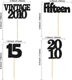 Gyufise 24Pcs 15th Birthday Cupcake Toppers Glitter Fifteen Vintage 2010 Sweet 15 Cupcake Picks Hello 15 Years Birthday Cake Decorations for Happy 15th Anniversary Party Supplies Black