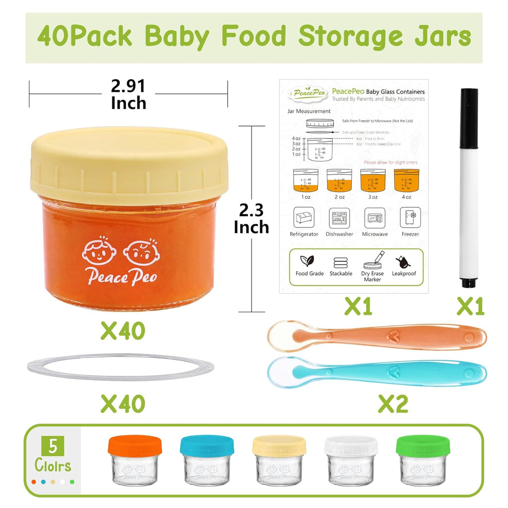 40 Pcs Glass Food Containers 4 OZ, Leak-Proof Reusable Storage Jars with Lids, Dishwasher Safe for Infant & Baby Food