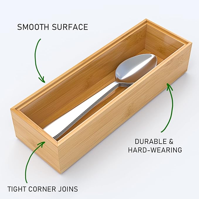 Silverware Tray for Drawer, Stackable Kitchen Bamboo Drawer Organizer 9" x 3" x 2" Set of 2