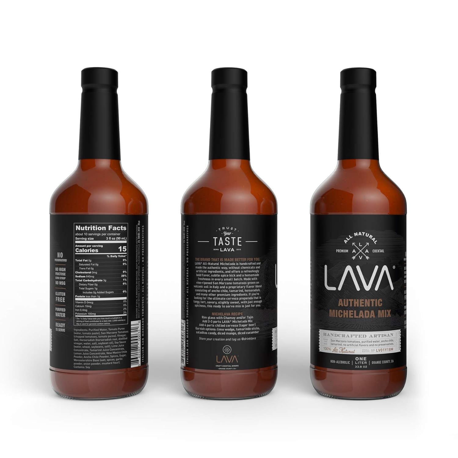 LAVA All Natural Authentic Michelada Mix Craft Cocktail Mixer, Made with Real Tomatoes, Ancho Chile Peppers, Tamarind, No Junk Ingredients, Vegan, 1-Liter (33.8oz) Glass Bottle, Ready to Use
