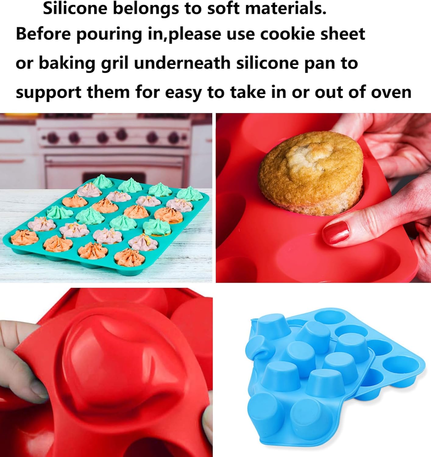 Mini Muffin &Cupcake Set, 24 Cups 2-Pieces, Nonstick Silicone Baking Pan, BPA Free and Dishwasher Safe, Great for Making Muffin Cakes, Tart, Bread (24 Cups Red,2 PCS)