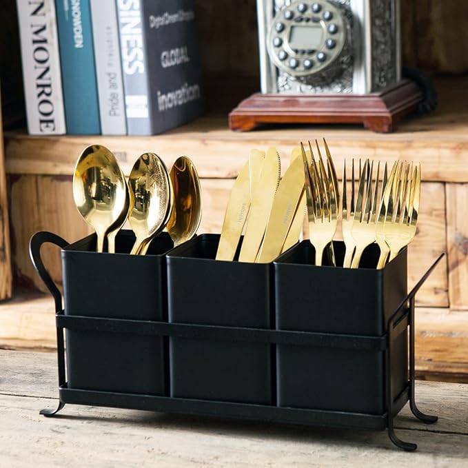 Flatware, Cutlery,Kitchen Utensil & Silverware Caddy Organizer Bin Holder for Forks, Spoons, Knives - Perfect for Kitchen Countertop- Black