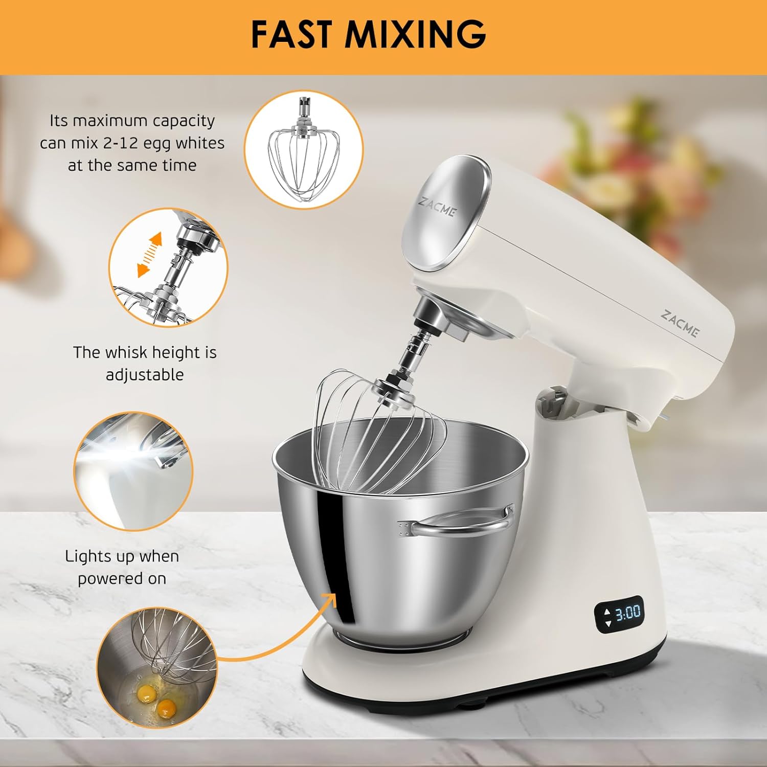 ZACME Mixers Kitchen Electric Stand Mixer 5.5QT 600W, Aluminum die casting and Gears, Dual Cooling System, Low Noise, DC Motor, LED Display and Timing Function, Tilt-head Metal Food Mixer, White