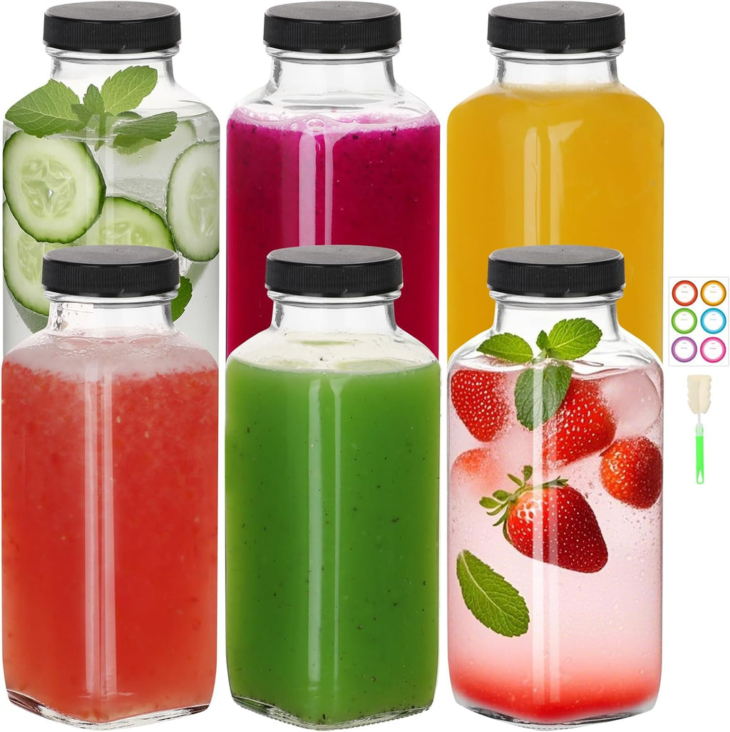 BIGIVACA 12 oz Glass Juice Bottles with Lids,6 PACK Bottles for Juicing,Square Drinking Jars Glass for Coffee,Cola,Milk,Tea in Travel,Work,School