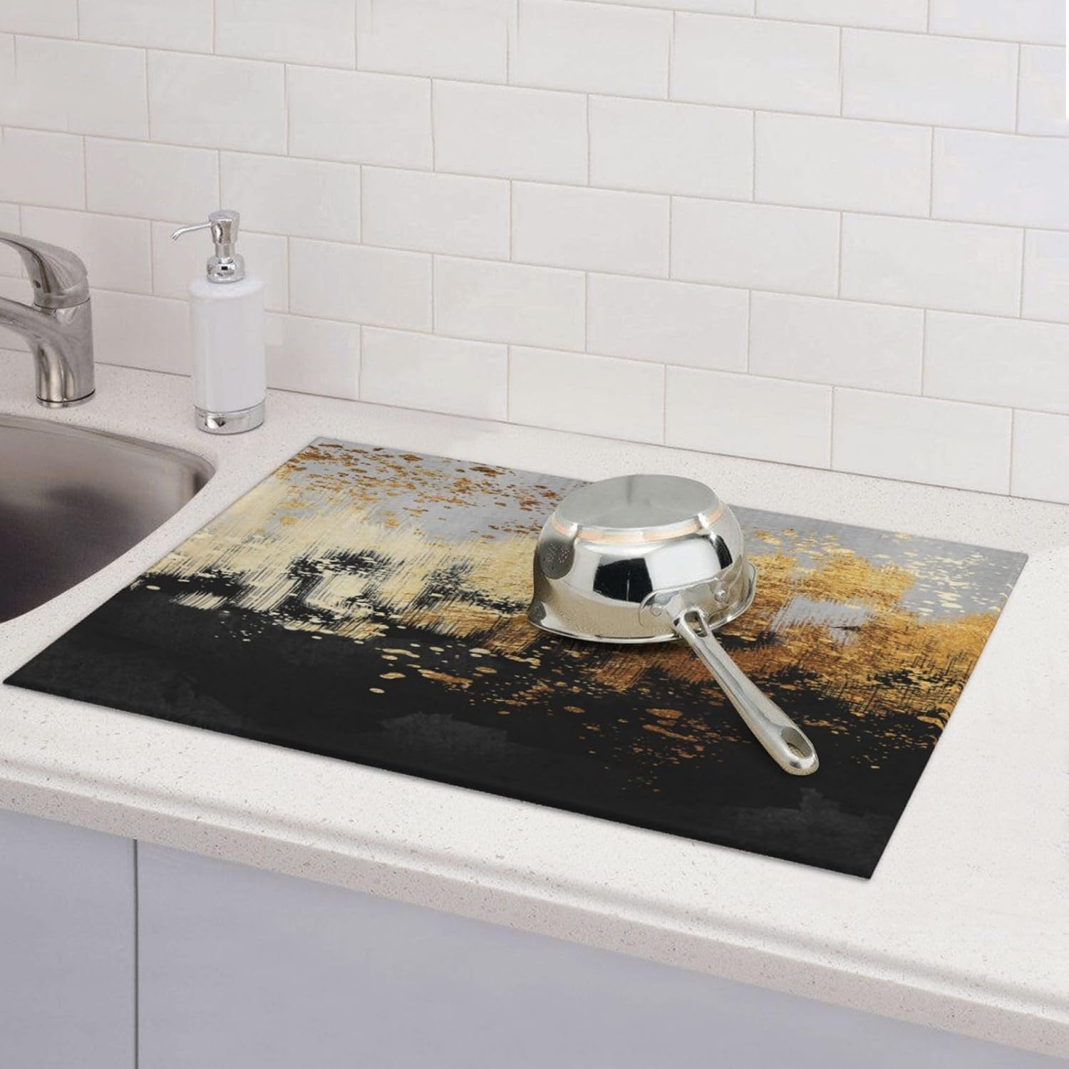 Black Gold Art Splash Dish Drying Mat for Kitchen Counter, Absorbent Microfiber Abstract Modern Drying Pad, Luxury Decorative Foldable Kitchen Mat for Sink & Coffee Bar, Black Home Decor, 18 x 24 inch