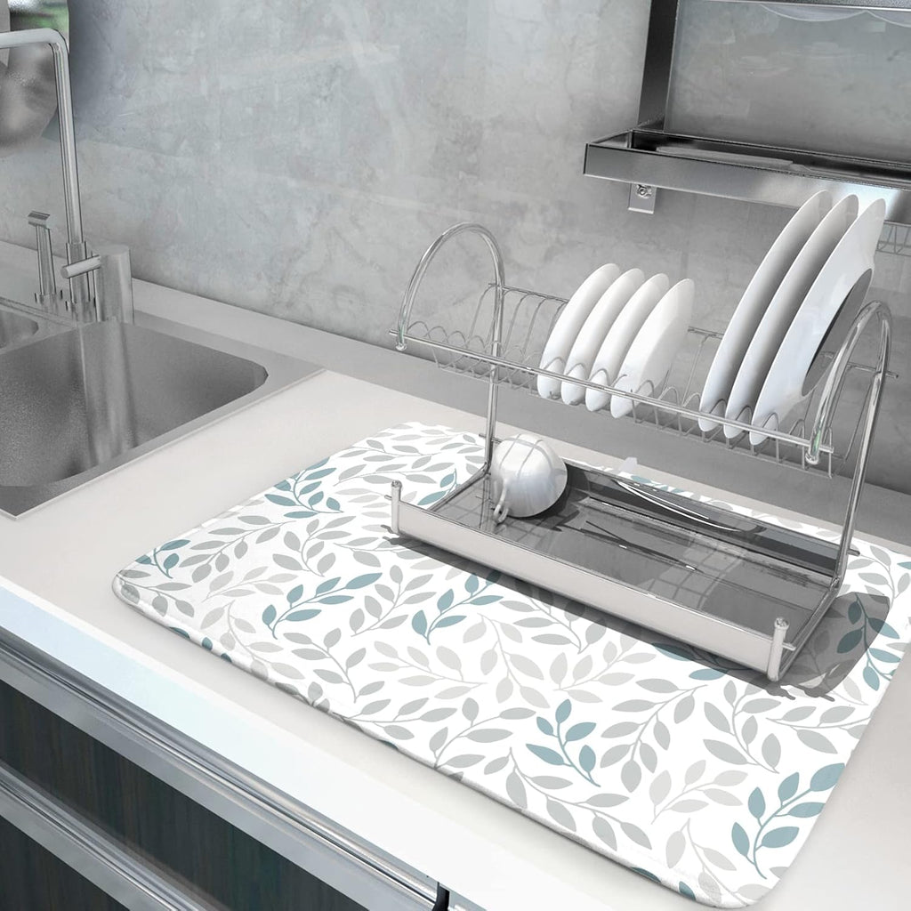 Dish Drying Mats for Kitchen Counter 16x18inch，Grey and Blue Leaves branches Dish Drying Mat for Kitchen Dishes Pad Dish Drainer Rack Mats Absorbent Fast Dry Kitchen Accessories