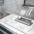 Dish Drying Mats for Kitchen Counter 16x18inch，Grey and Blue Leaves branches Dish Drying Mat for Kitchen Dishes Pad Dish Drainer Rack Mats Absorbent Fast Dry Kitchen Accessories