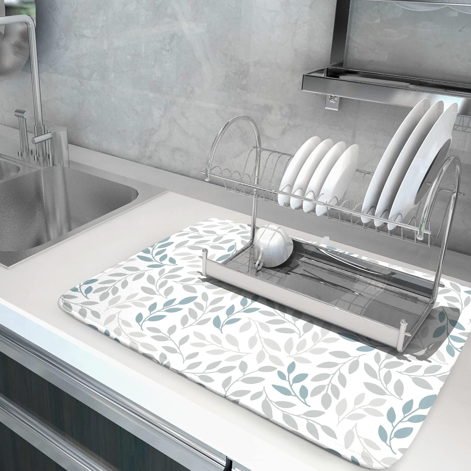 Dish Drying Mats for Kitchen Counter 16x18inch，Grey and Blue Leaves branches Dish Drying Mat for Kitchen Dishes Pad Dish Drainer Rack Mats Absorbent Fast Dry Kitchen Accessories