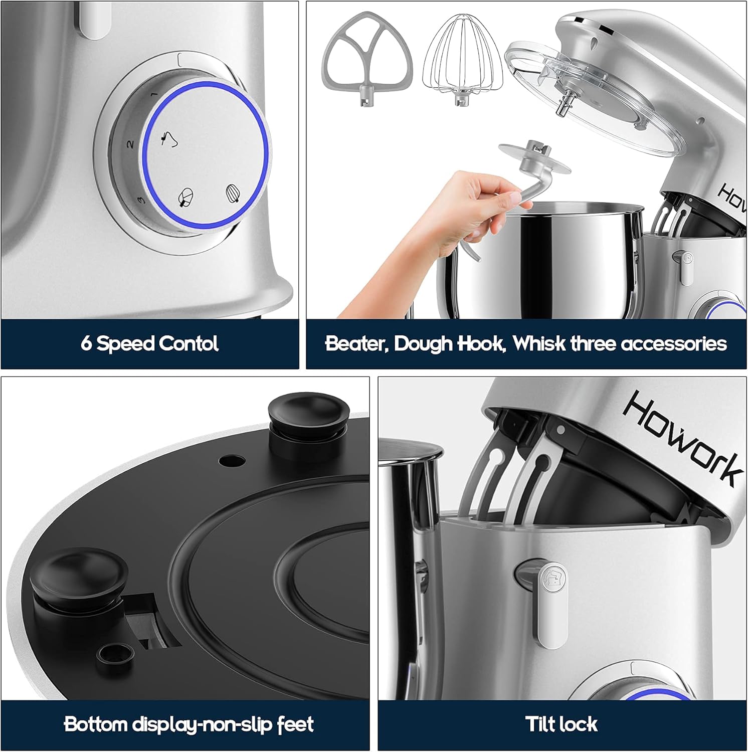 HOWORK 8.5QT Stand Mixer, 660W 6+P Speed Tilt-Head, Electric Kitchen Mixer With Dishwasher-Safe Dough Hook, Beater, Wire Whip & Pouring Shield(8.5 QT, Silver)