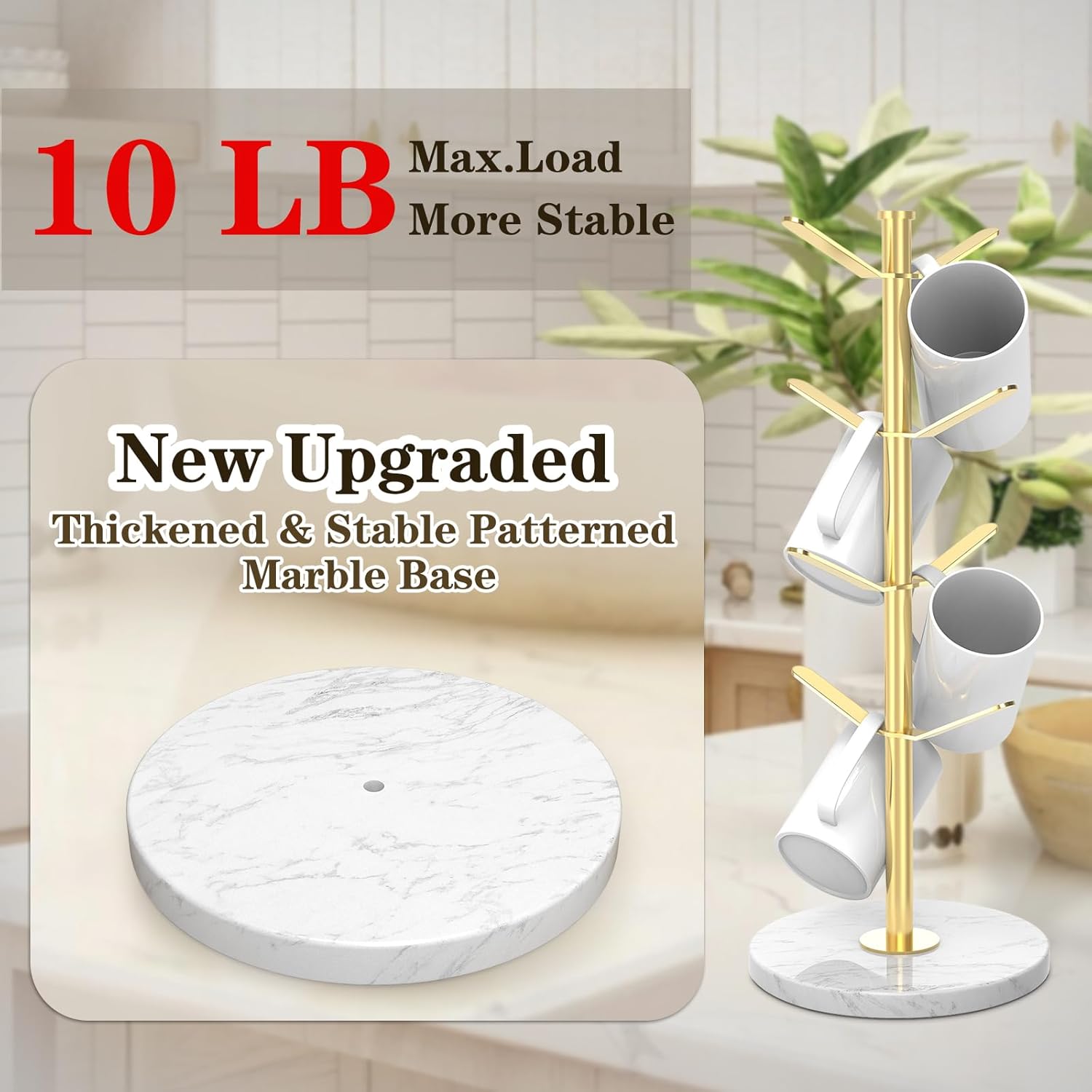 Marble Mug Holder Tree with 8 Hooks, Stainless Steel Coffee Cup Holder, Non-Slip Silicone Pads, Heavy Duty Marble Base, Countertop Organizer for Kitchen & Cafe, Gold