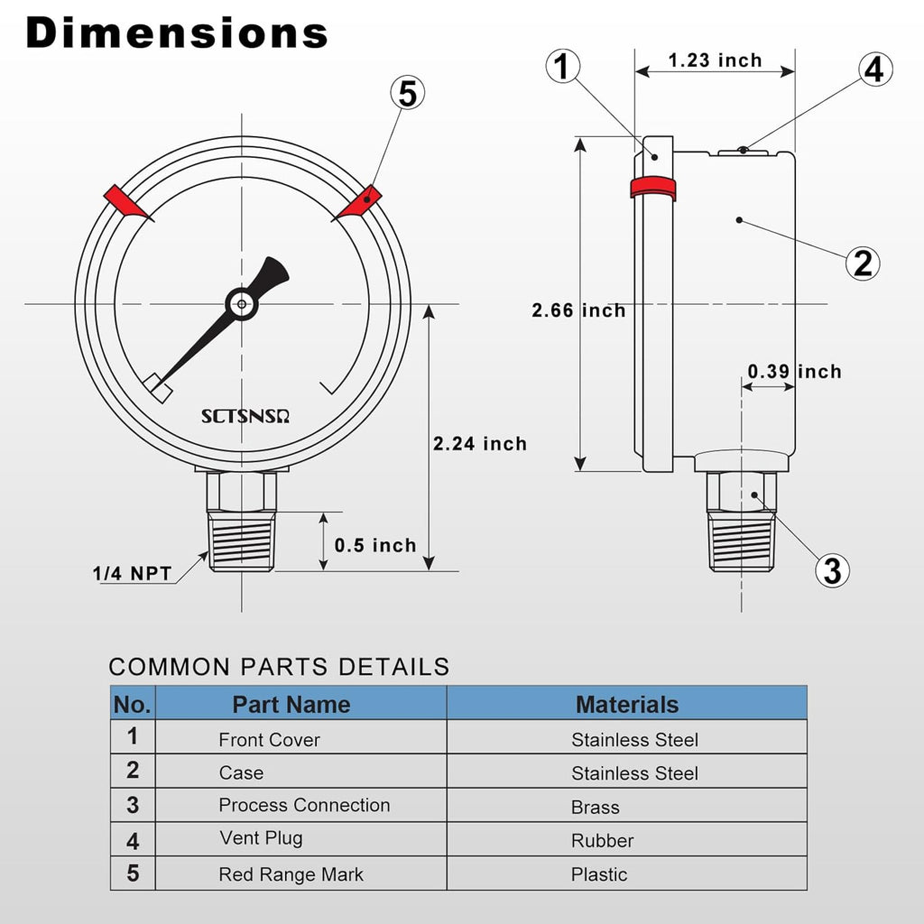 0 to 3000 Psi Pressure Gauge, Glycerin Liquid Filled, 2.5 inch Dial, 1/4" NPT Lower Mount, Stainless Steel Case, for Regulator, Brew Setup, Beer, Kombucha, HVAC, Hydraulic, High Pressure Test
