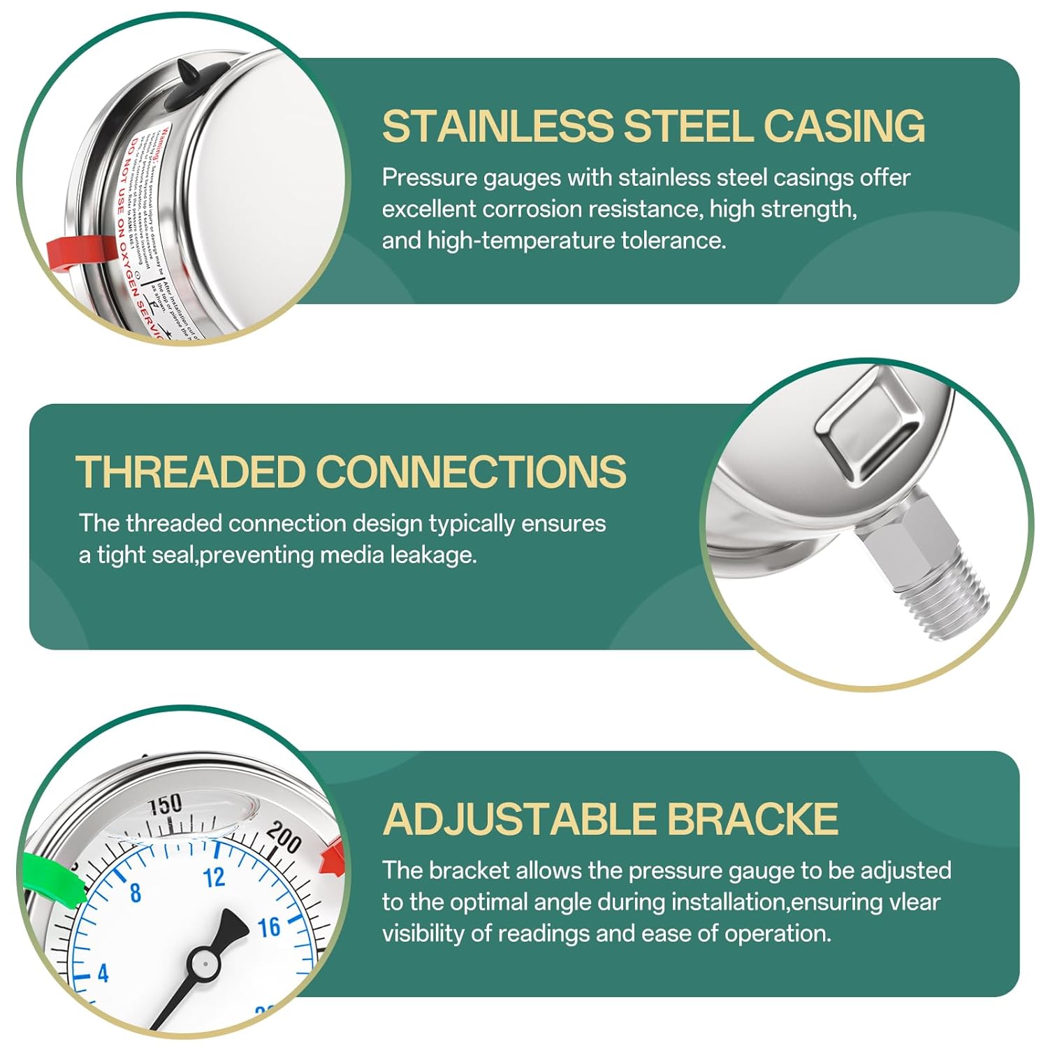 0-300PSI Stainless Steel Liquid Filled Pressure Gauge, 2.5" Dial Size, 1/4" NPT 316 Stainless Steel Joint, Lower Mount, for Tube, Water Pump, Gas, Liquid (with Range Mark Pointer)