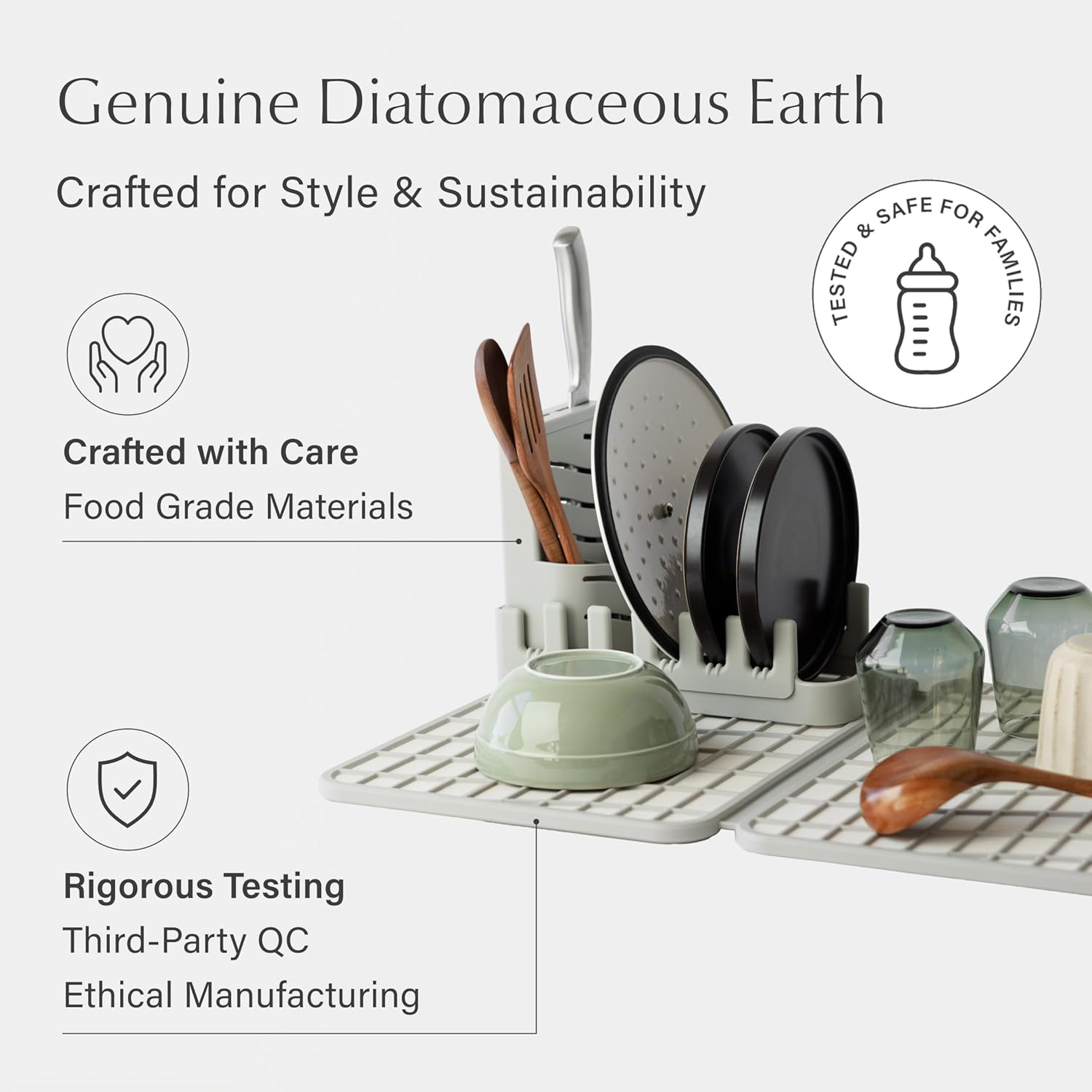 Dorai Home Collapsible Dish Drying Rack and Stone Dish Pad – Large Foldable Drying Rack with Instant - Dry Stone Mat – Space-Saving Drainer for Kitchen Counter - 24.6" x 16.5", Sand