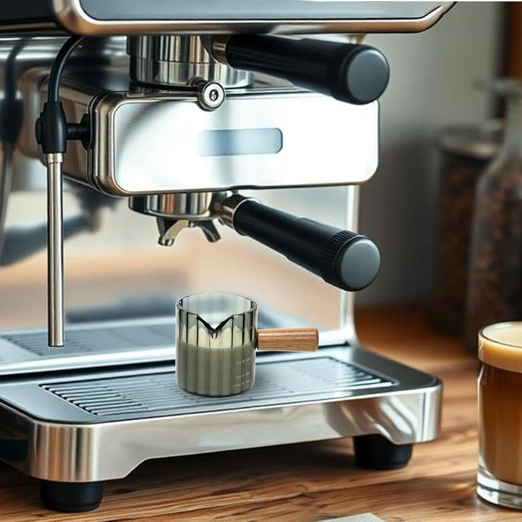 Espresso Cups Set of 2, 4 OZ Espresso Shot Glass with Handle V-Shaped Mouth, Ribbed Milk Frothing Pitcher, Glass Measuring Cup,Cappuccino Cup, Coffee Bar Accessories (Gray)