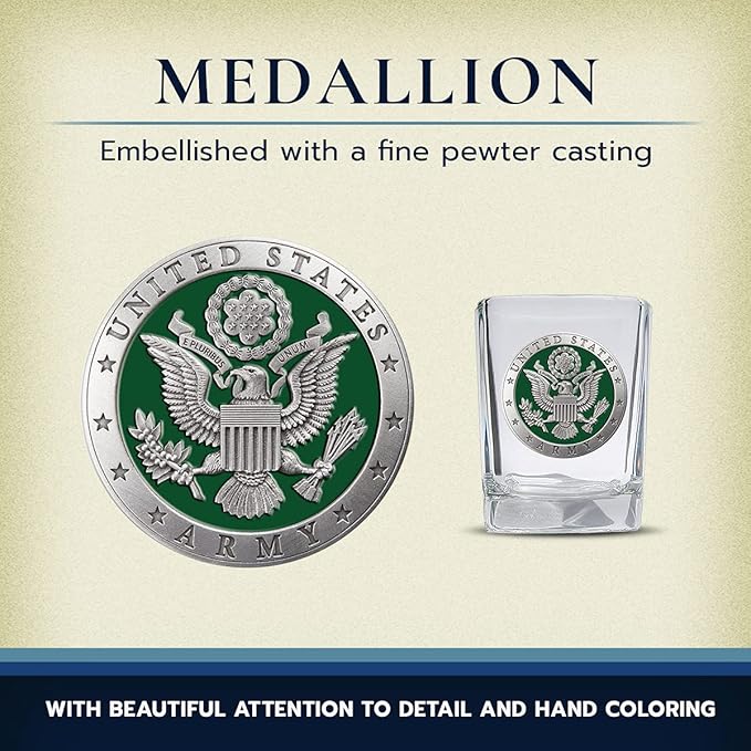 Heritage Pewter Army Square Shot Glass | Hand-Sculpted 1.5 Ounce Shot Glass | Intricately Crafted Metal Pewter Alma Mater Inlay