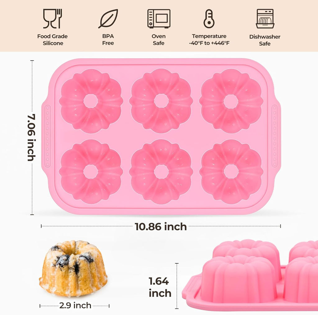 Mini Bundt Cake Pans for Baking, Silicone 6-Cavity Fluted Tube Cake Pan with Metal Reinforced Frame, Nonstick Baking Molds for Cupcake, Brownie, Donuts, Cornbread, Jello
