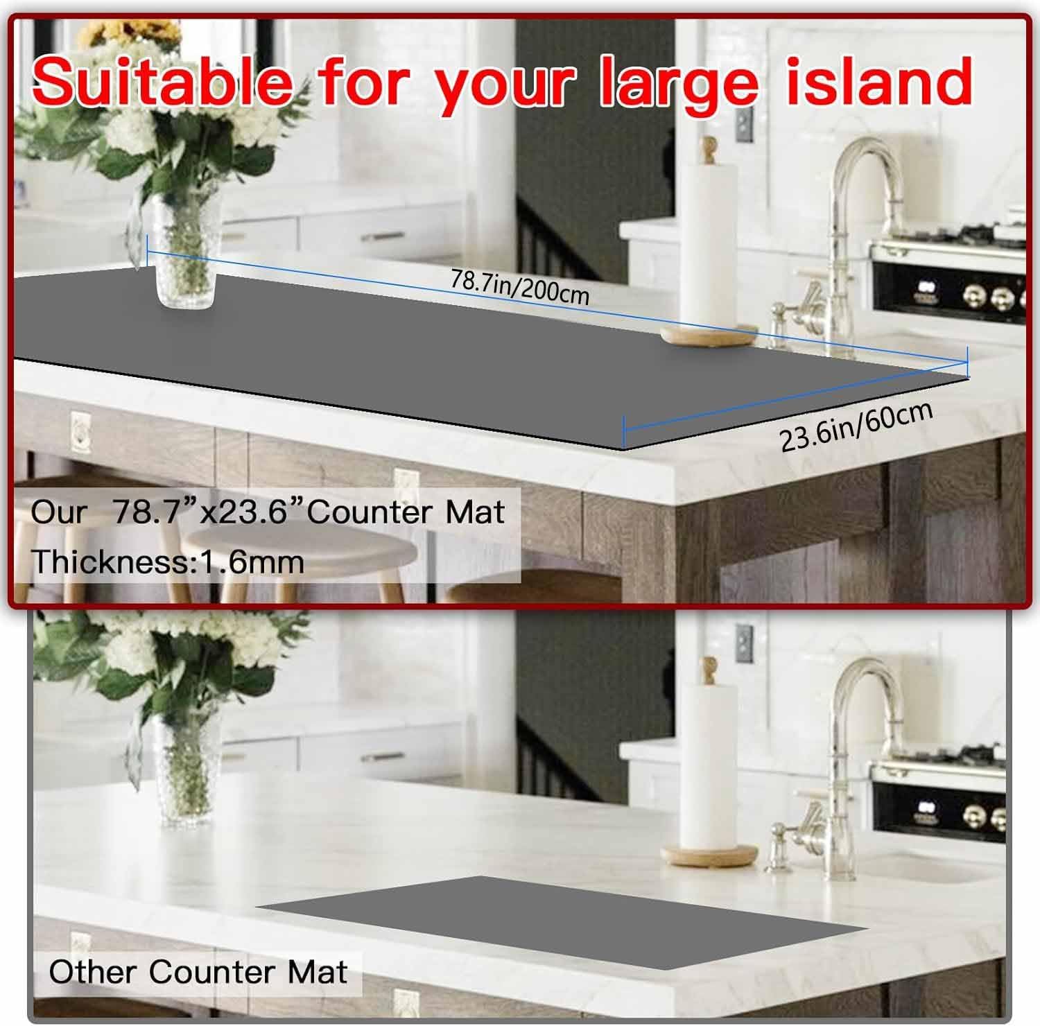 Silicone Mats for Kitchen Counter, 78.7''x 23.6''(200cmx60cm) Largest Heat Resistant Counter Mat Kitchen Island Waterproof Thicken Non-slip Countertop Protector Mat, Light Gray