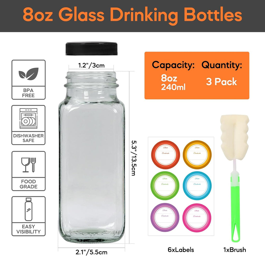 STARSIDE 8 oz 3 Pack Glass Juice Bottles with Lids - Square Reusable Drinking Jars for Juicing, Milk, Kombucha - Includes 1 Bottle Brush, 6 Colored Labels