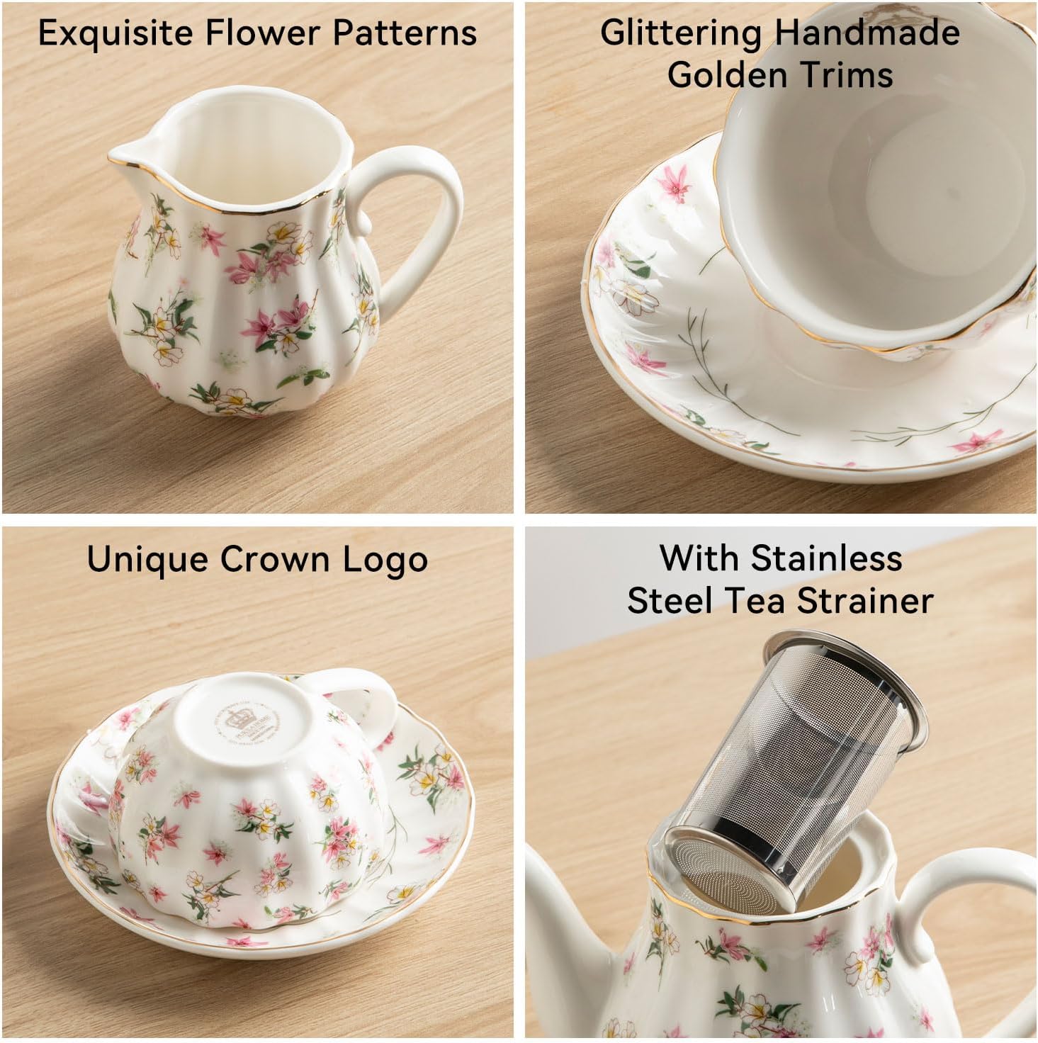 Porcelain Tea Sets British Royal Series, 8 OZ Cups & Saucer Service for 6, with Teapot Sugar Bowl Cream Pitcher Teaspoons and Tea Strainer, Suitable for High Tea, Wedding, Party（Spring Flowers）