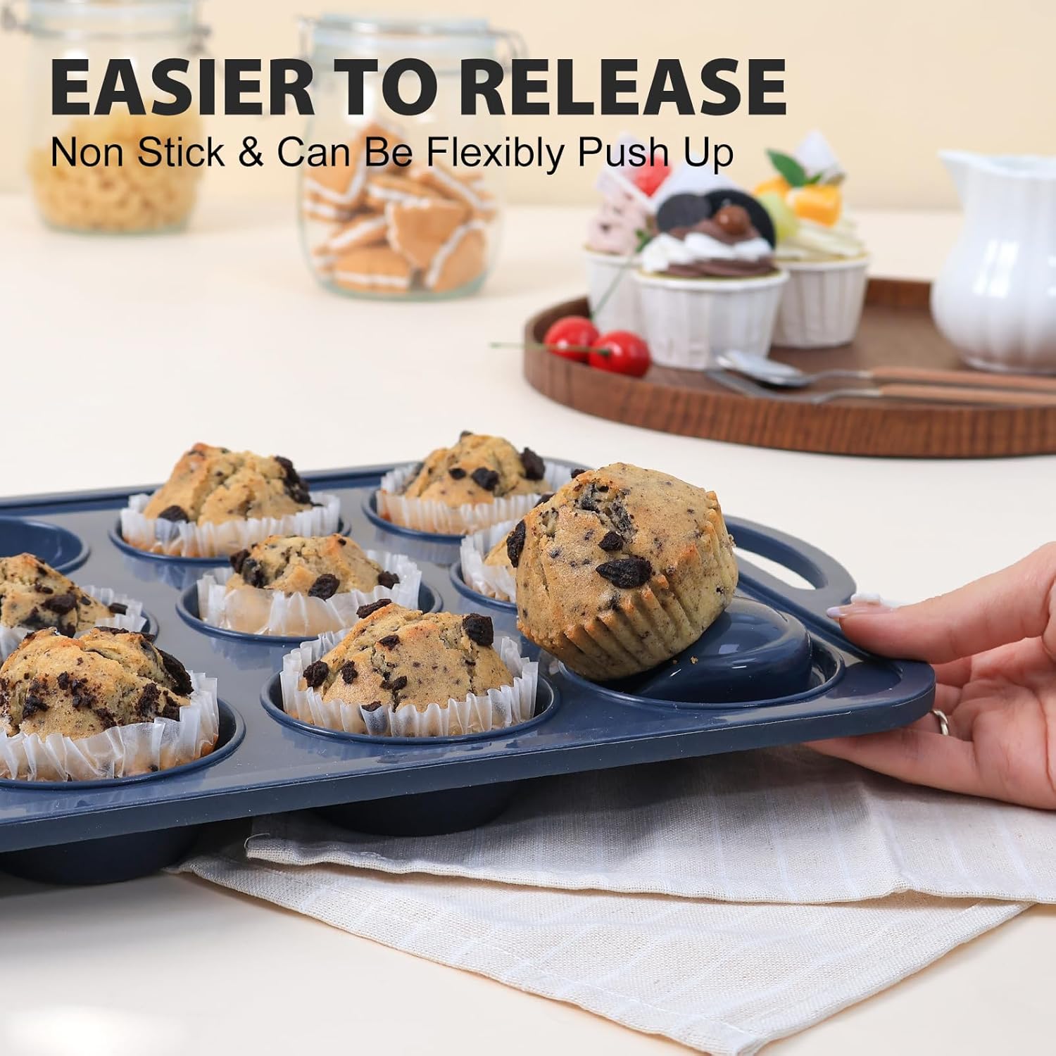Silicone Muffin Pan with Metal Frame, Non Stick Silicone Cupcake Pan with Handles Regular 12 Cup, BPA Free Silicon Muffin Tin Tray for baking, egg bites, Cupcake Mold Grey