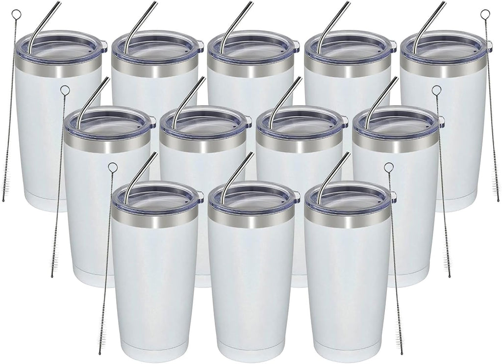 MEWAY 20oz Tumbler 12 Pack Double Wall Vacuum Insulated Travel Glitter Mug Bulk, Stainless Steel Tumblers with Lid and Straw, Powder Coated Coffee Cups for Woman(Rainbow White,Set of 12)