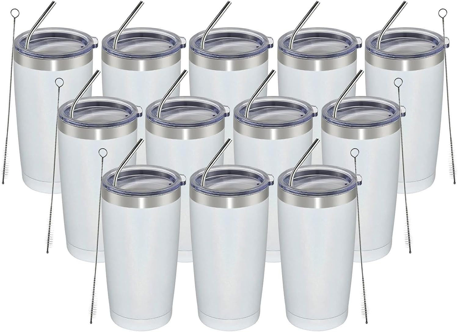 MEWAY 20oz Tumbler 12 Pack Double Wall Vacuum Insulated Travel Glitter Mug Bulk, Stainless Steel Tumblers with Lid and Straw, Powder Coated Coffee Cups for Woman(Rainbow White,Set of 12)