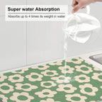 Floral Kitchen Dish Drying Mat for Dishes 18x24 Inch Vintage Groovy Flowers Drying Mat White Daisy Dish Drainer Mat Super Absorbent Dish Rack Pad for Coffee Bar Sinks(Green)