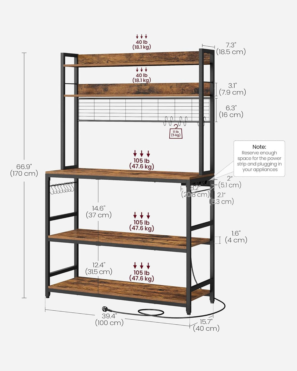 VASAGLE Hutch Bakers Rack with Power Outlet, 14 Hooks Microwave Stand, Adjustable Coffee Bar with Metal Wire Panel, Kitchen Storage Shelf, 15.7 x 39.4 x 66.9 Inches, Rustic Brown and Black UKKS038B01