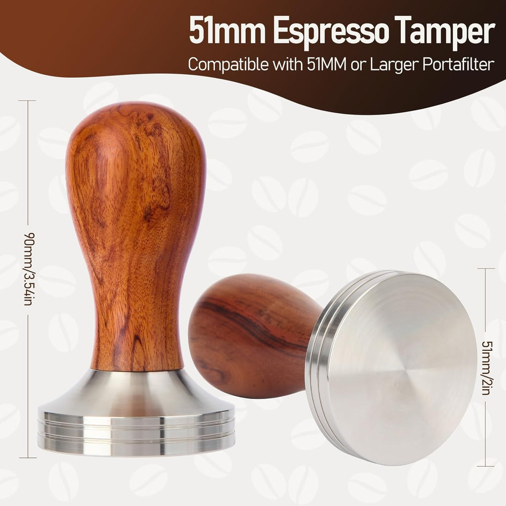 51mm Espresso Tamper Kit, Hard Wood Espresso Tamper Tool & Powder Press Pad & 8-Needles Espresso Stirrers For 51 mm Portafilter