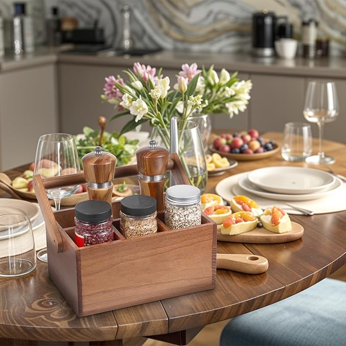 Acacia Silverware Caddy, Natural Wooden Flatware Organizer with Adjustable Handle, Outdoor Utensil Holder Box Multi-Purpose Storage Container for Kitchen Counter, Party, Table, Camping, Picnic