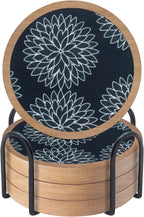 Wood Coasters Set of 4 with Holder, Cewiru Cup Mat for Drinks, Absorbent Coasters with Felt Insert for Coffee Table Protection, Modern Style Home Dining Table Decor, 4.3" Black