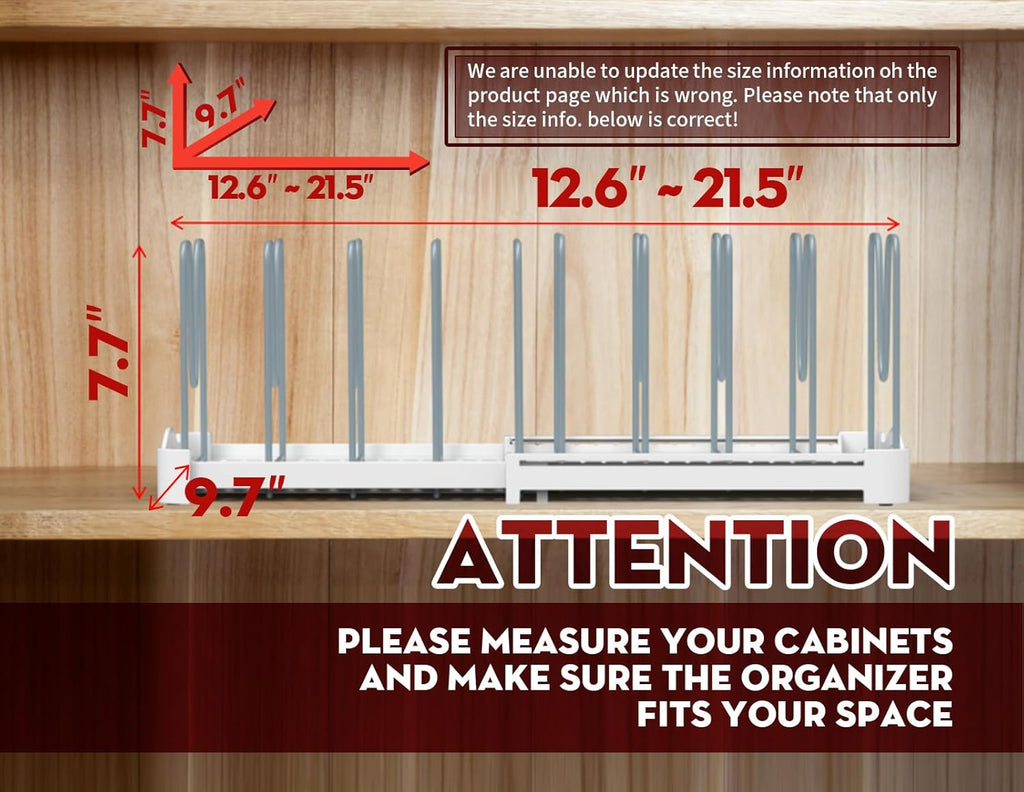 EVERIE Adjustable Bakeware Organizer Pot Lid Holder Rack for Pots, Cake Molds, Cutting Boards, Mats, Cookware, GS02SS, 7.7'' Deep by 12.6'' to 21.5'' Wide