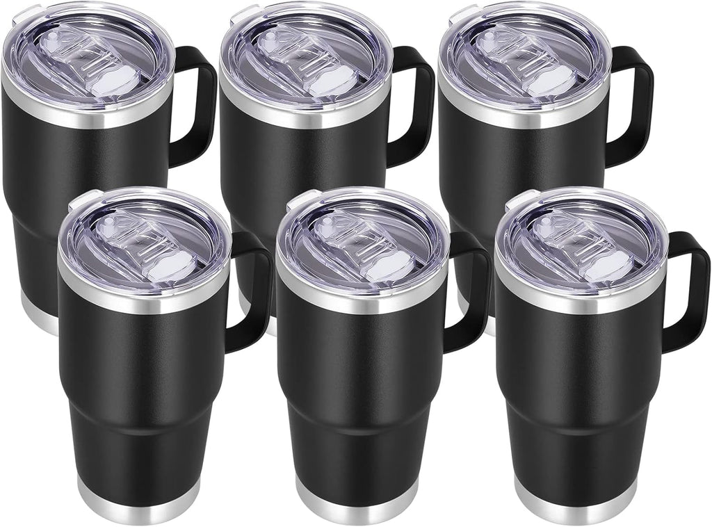 VEGOND 20 oz Tumbler Bulk with Handle Lid and Straw, Stainless Steel Insulated Travel Coffee Mug Set, Spill Proof Double Wall Metal Tumblers Cups, Black 6 Pack