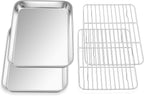 E-far Small Baking Sheet with Wire Rack (2 Pans + 2 Racks), Stainless Steel Cookie Sheets Trays & Cooling Rack for Toaster Oven, Non Toxic & Warp Resistant, Oven & Dishwasher Safe, 9.4 x 7.3 x 1 Inch