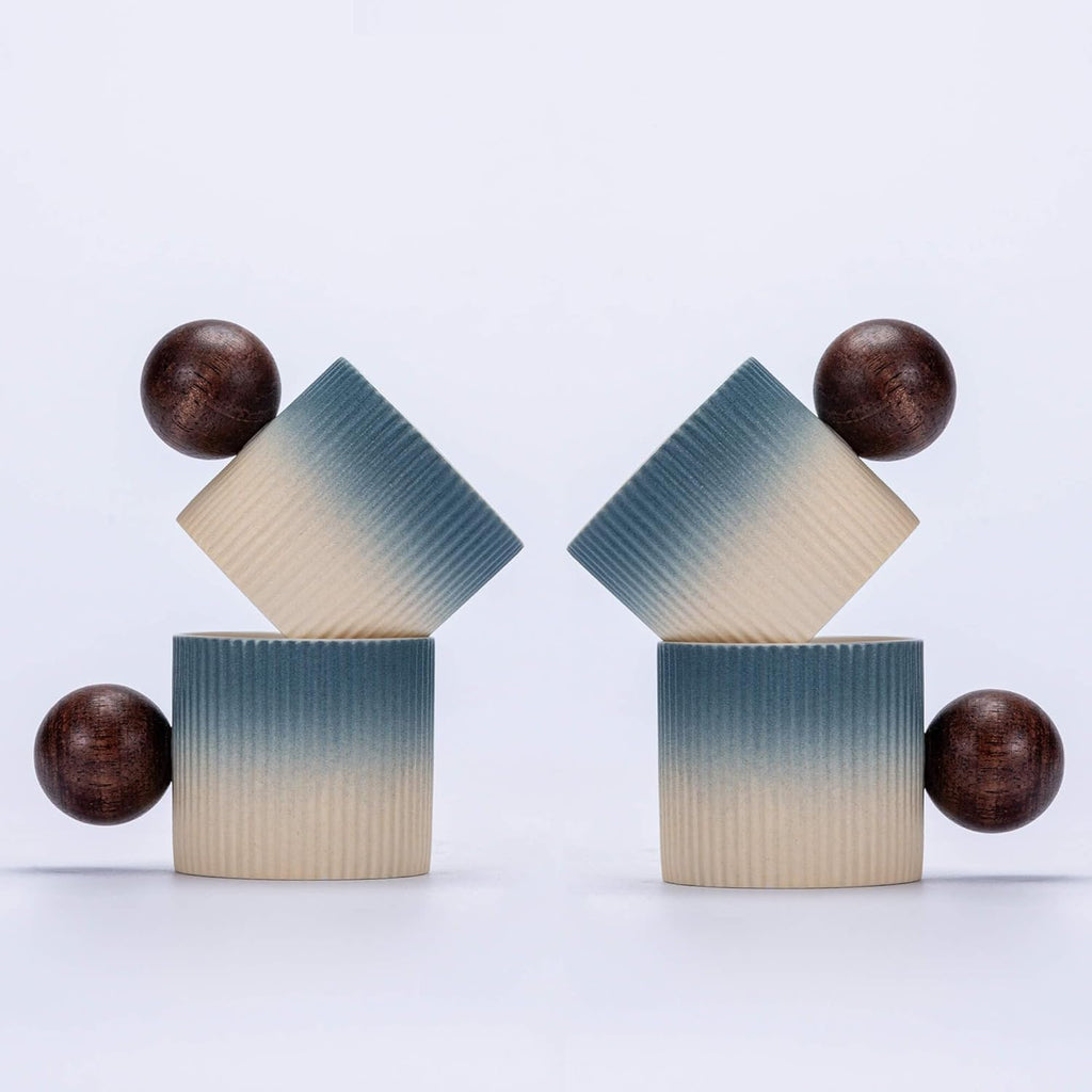 Ceramic Mini Espresso Cups Demitasse Cups with Round Wooden Handle Vertical Stripes Tea Cups (Beige&Blue, 4pcs)