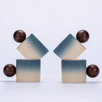 Ceramic Mini Espresso Cups Demitasse Cups with Round Wooden Handle Vertical Stripes Tea Cups (Beige&Blue, 4pcs)