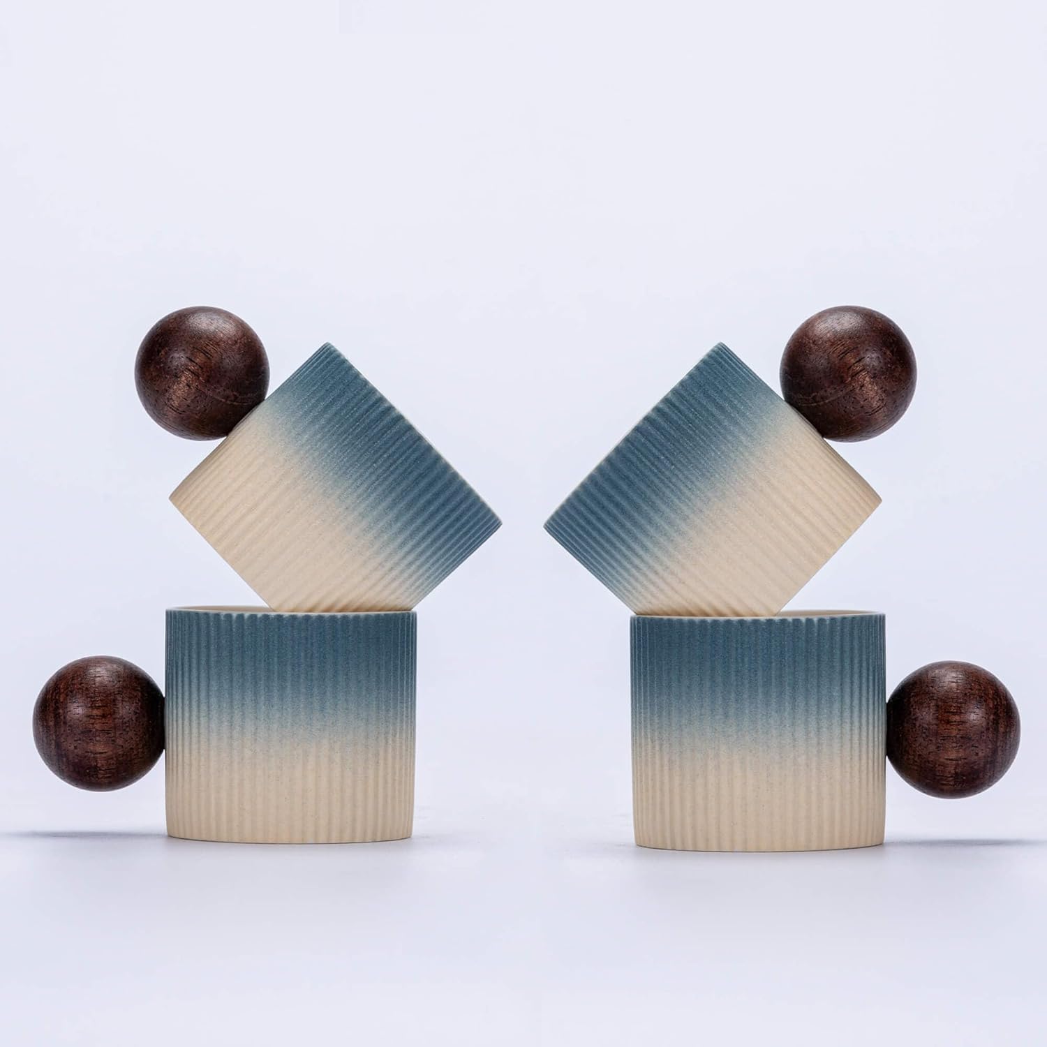 Ceramic Mini Espresso Cups Demitasse Cups with Round Wooden Handle Vertical Stripes Tea Cups (Beige&Blue, 4pcs)