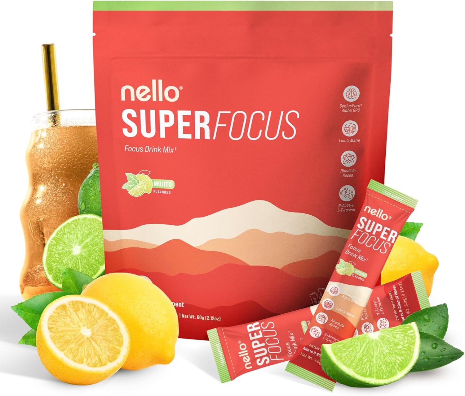 SuperFocus Mojito – Nootropic Focus Drink Mix, 20 On-The-Go Packets, Alpha GPC, Lion’s Mane, Rhodiola, Sugar-Free