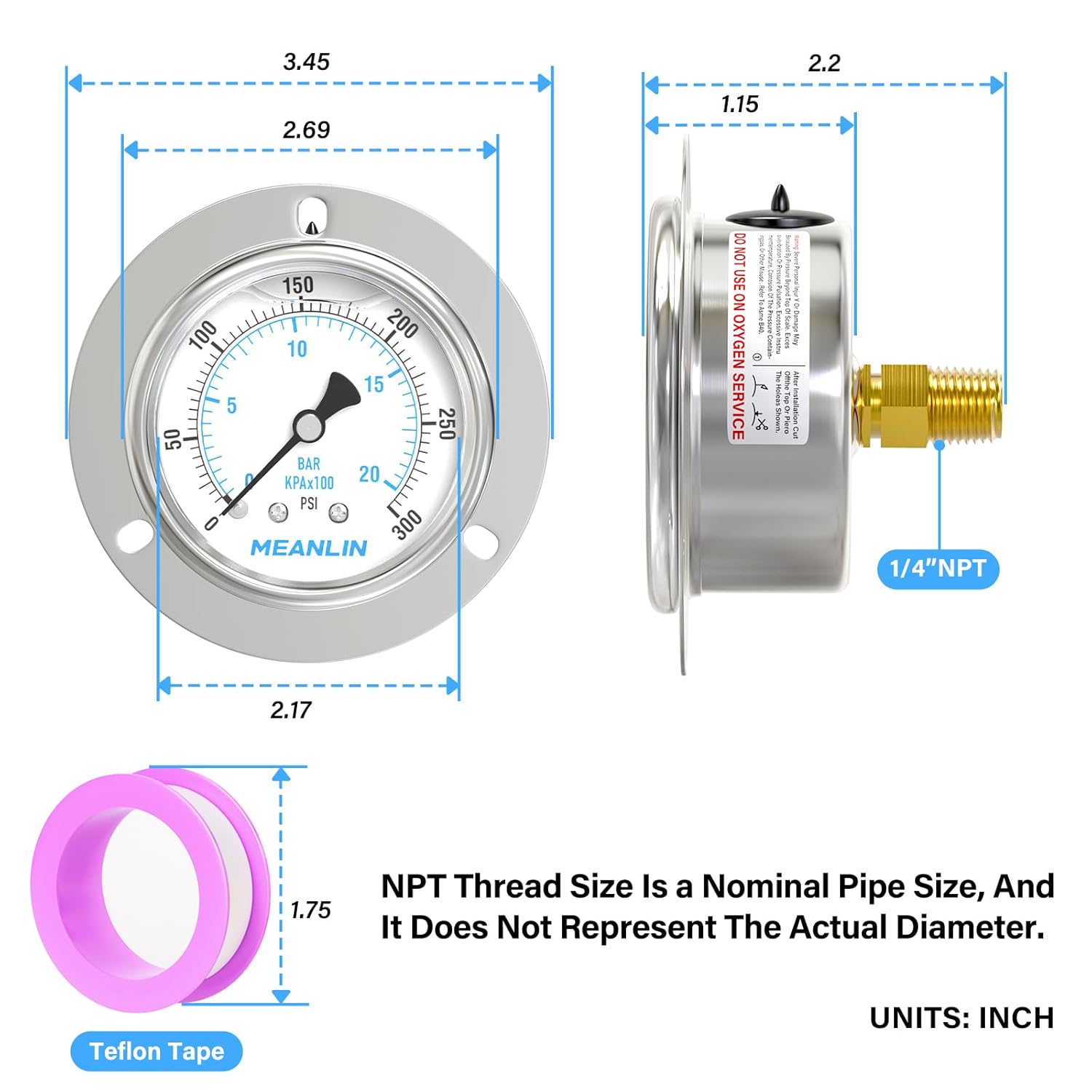 MEANLIN MEASURE 0~300Psi Liquid Filled Pressure Gauge Front Flange Panel Mount, 1/4" NPT 2.5" FACE DIAL Stainless Steel Case with Phillips Screw and Nut, +/-3-2-3%