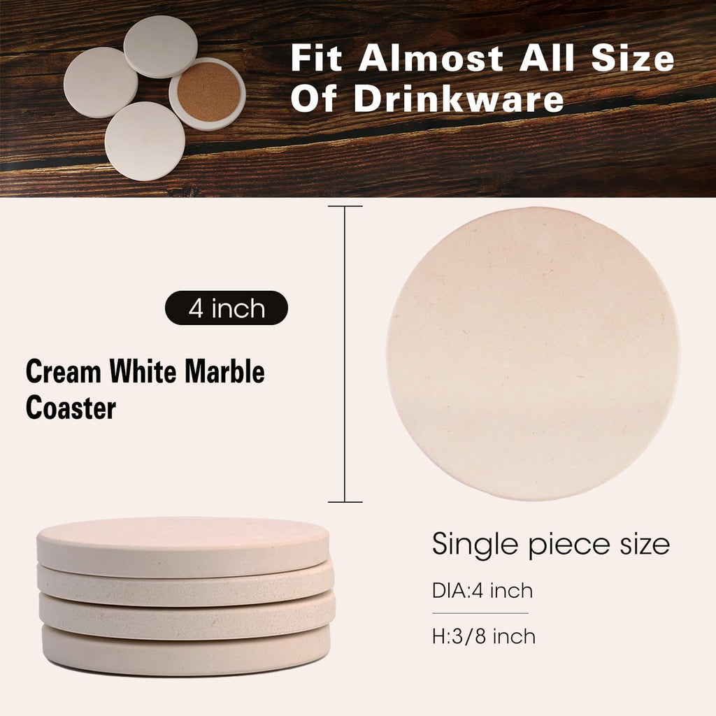 CASACOUTURE- Absorbent Stone Coasters Set of 4 - Round 4" Diameter Cream White Marble Drink Coasters for Housewarming Gift,Genuine Natural Semi